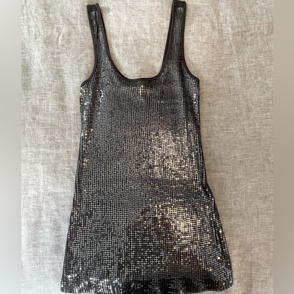 Express Sexy Basic Fitted Gray Sparkling Sequin Tank Top size XS  disco 🪩 queen